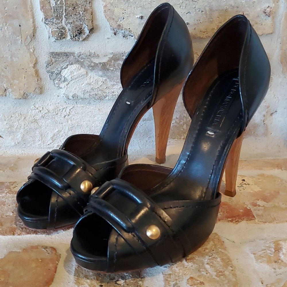 BCBGMaxAzria Black Leather Peep Toe Heels